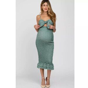 Pinkblush Mable Green Gingham Smocked Fitted Self-Tie Maternity Midi Dress S